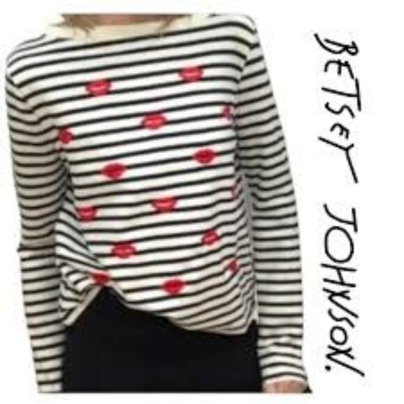 Betsey Johnson Striped Top Embroidered Red Lip Print S Novelty Coastal artsy - Picture 2 of 9